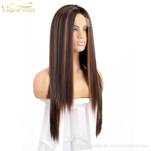 Vigorous Long Straight Synthetic Blend Wig Extension Heat Resistant Highlight Brown Black Women Lace Front Synthetic Hair Wigs